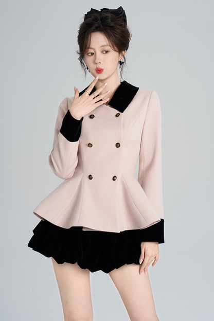 French Sweet Pink Flare Coat + Skirt
