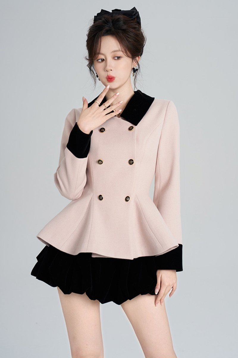 French Sweet Pink Flare Coat + Skirt