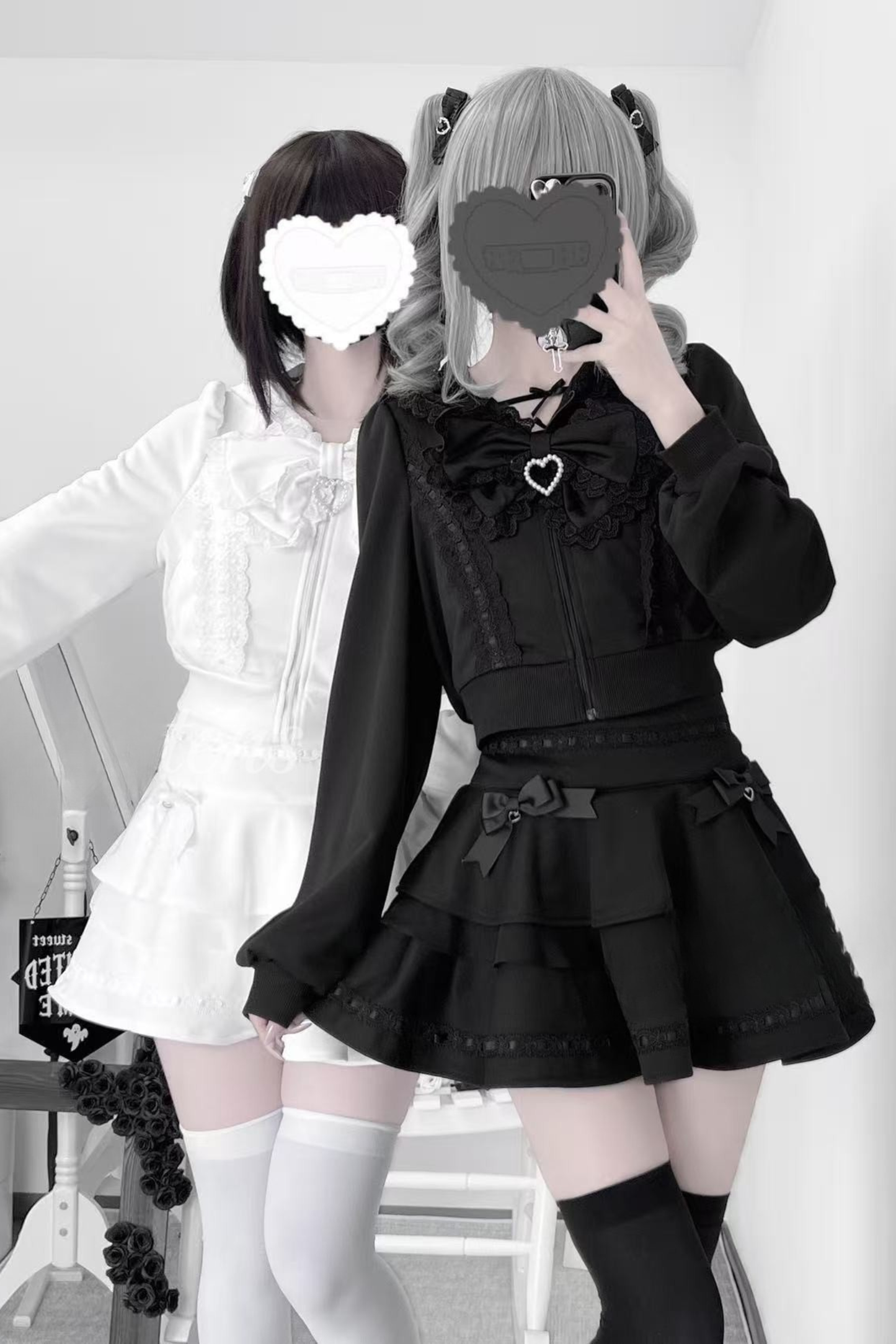 Ribbon Girly Cat Ear Hooded Zip Hoodie + Flare Skirt