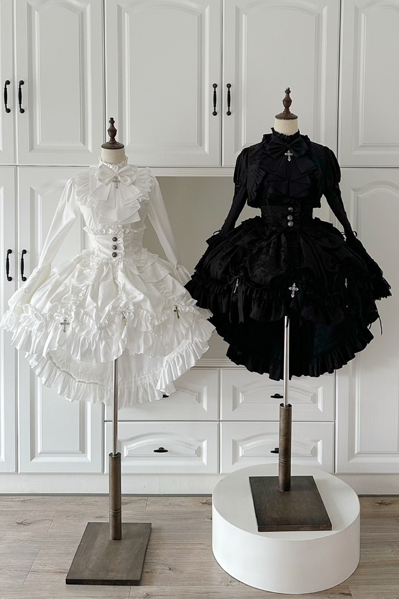 [pre-order Deadline: March 31] Cross Nocturne Gothic Dark Stripe Layered Top + Cross Rose Stripe Pull Up Skirt