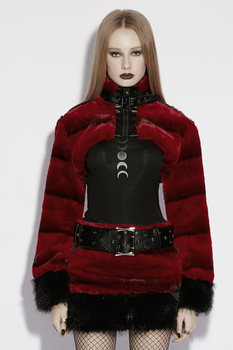 Red Stand Collar Long Sleeves Buckle Straps Faux Fur Punk Short Cloak