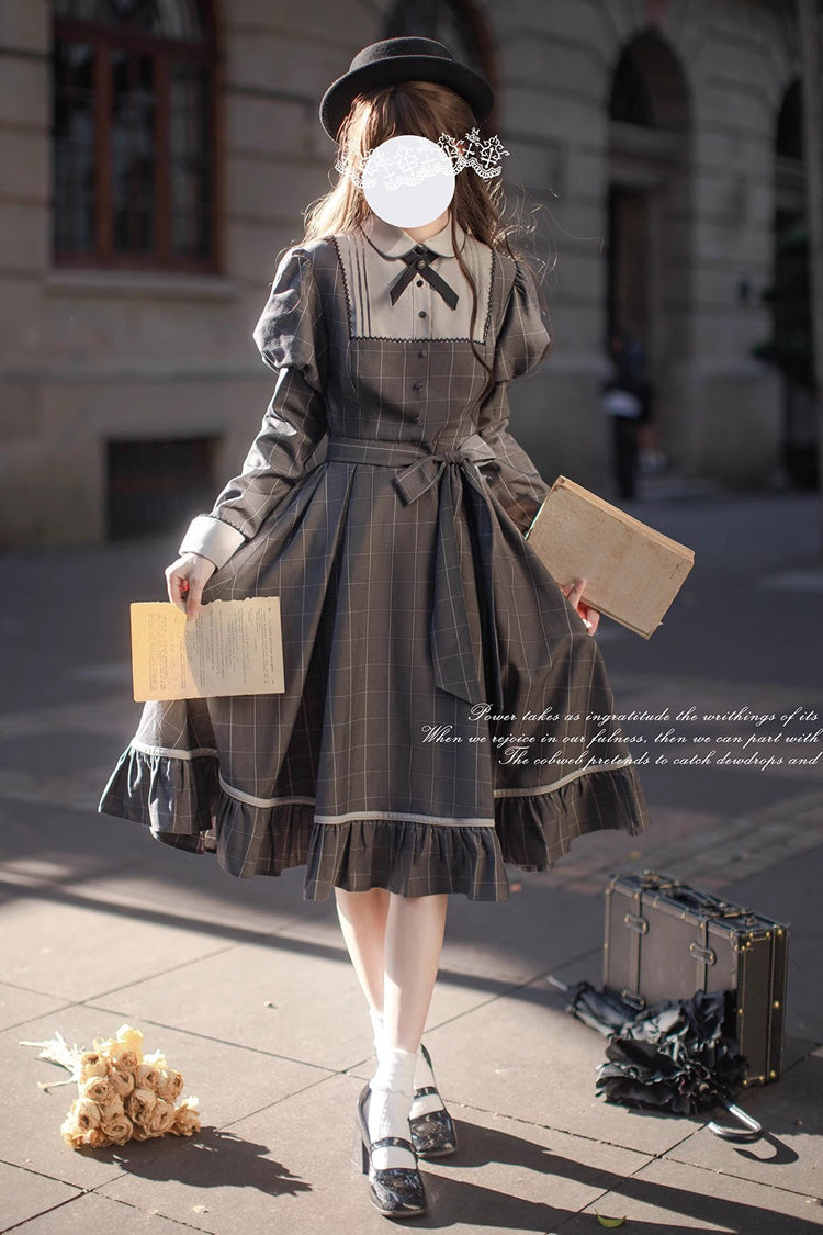 Grey Plaid Print Ruffle Bowknot Classic College Style Lolita Dress