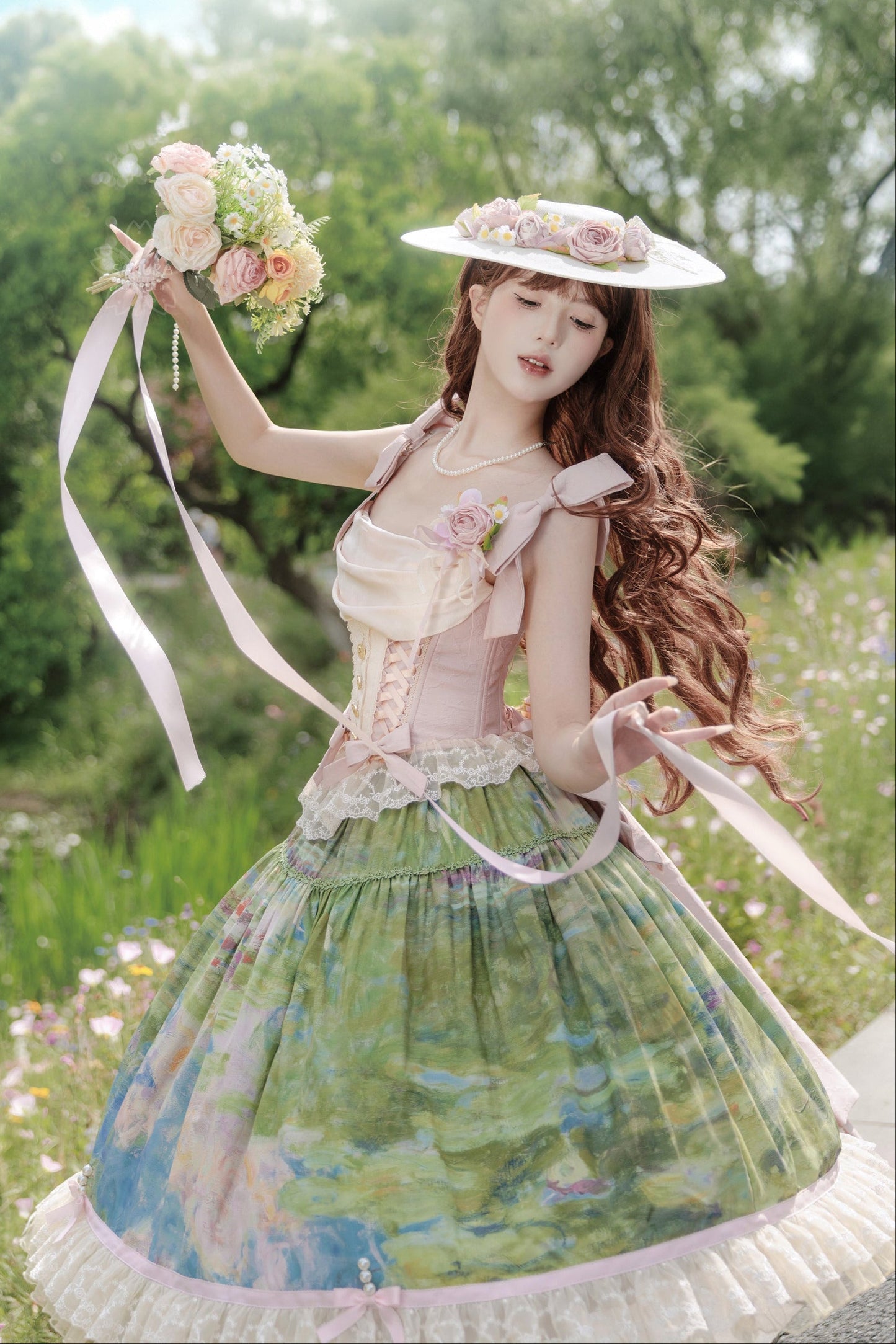 [pre-order Deadline: July 4] Monet Garden Oil Handle Classical Bustier Top + Skirt + Tulle Veil + Ribbon
