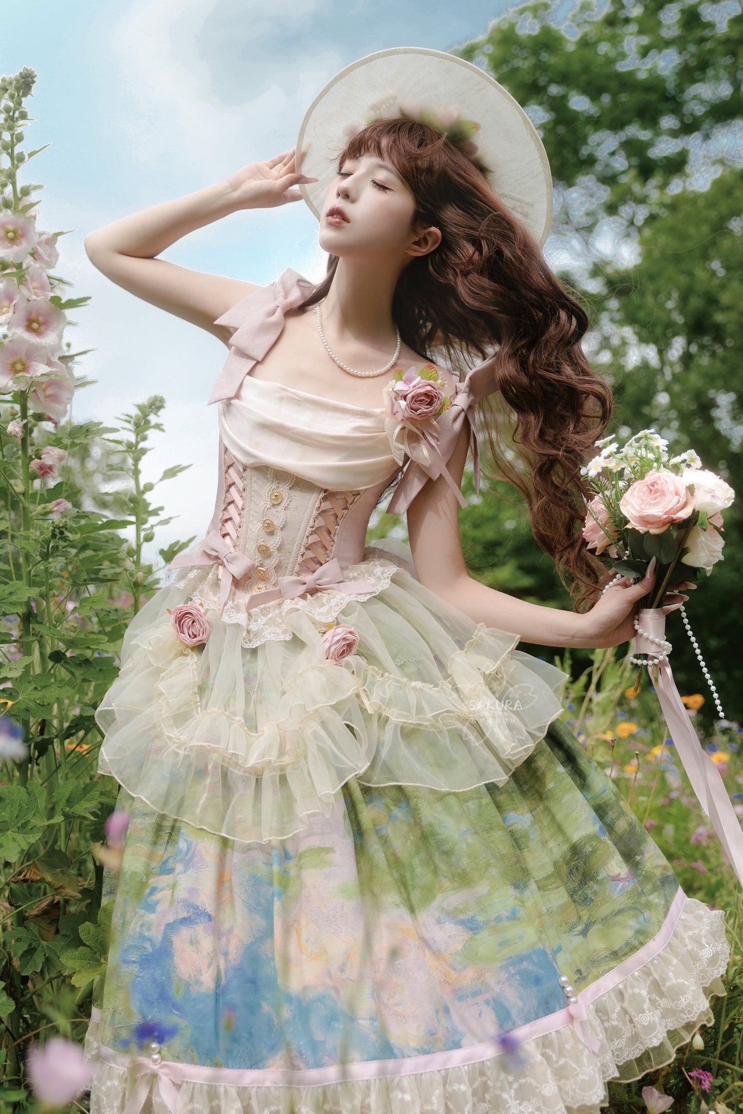 [pre-order Deadline: July 4] Monet Garden Oil Handle Classical Bustier Top + Skirt + Tulle Veil + Ribbon