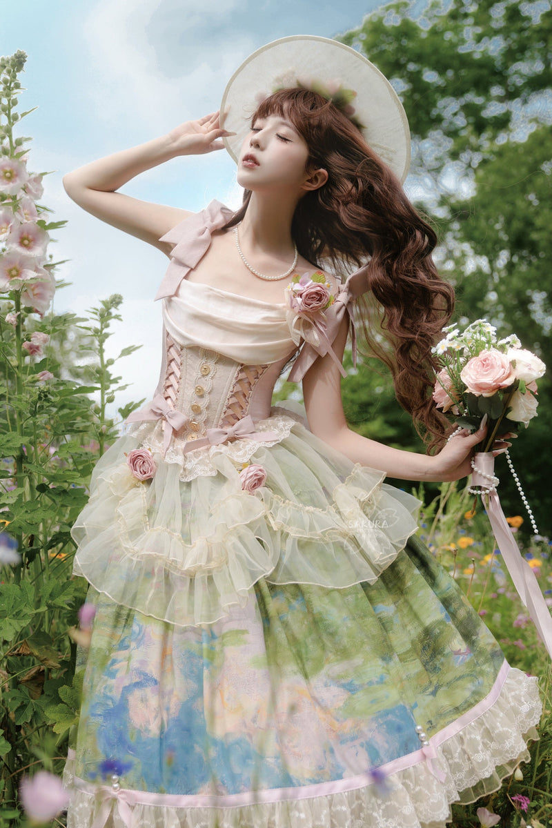 [pre-order Deadline: July 4] Monet Garden Oil Handle Classical Bustier Top + Skirt + Tulle Veil + Ribbon