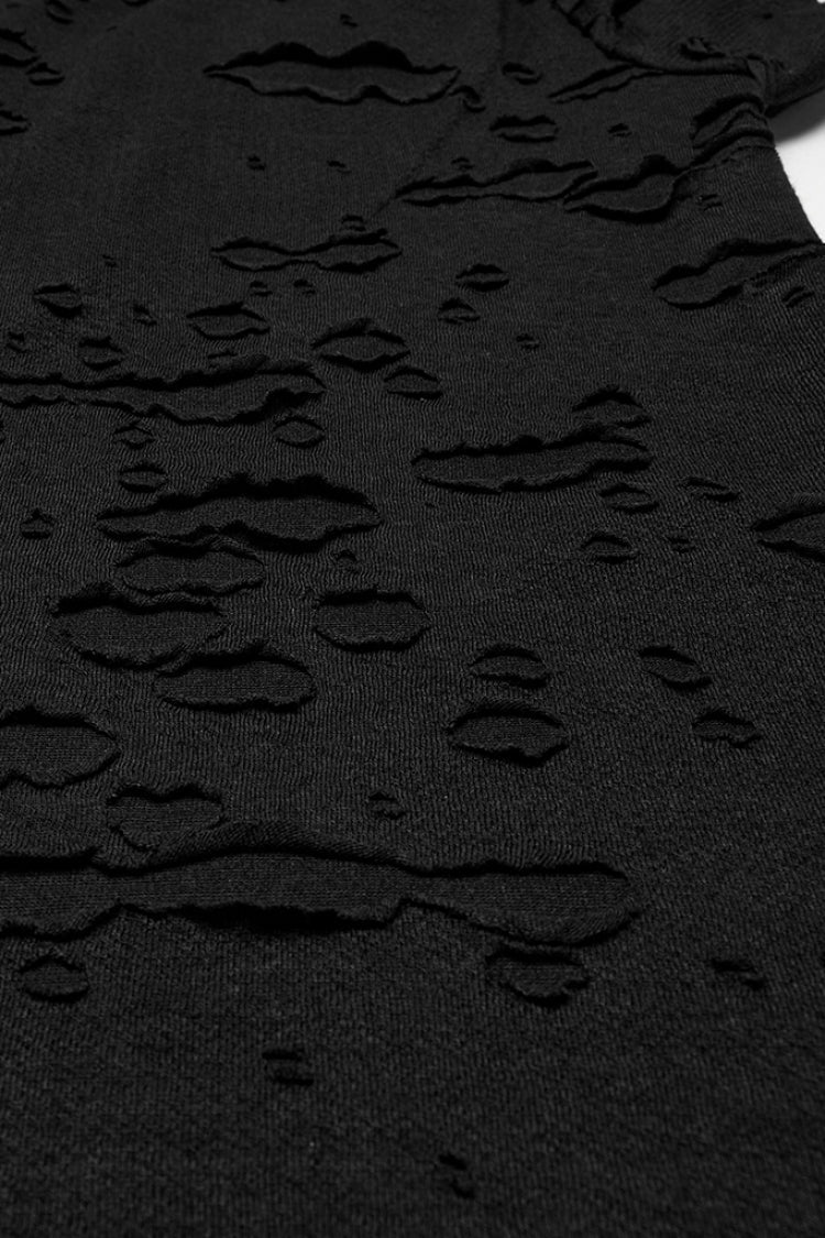Black Short Sleeves Stitching Mesh Ripped Strap Punk T-shirt