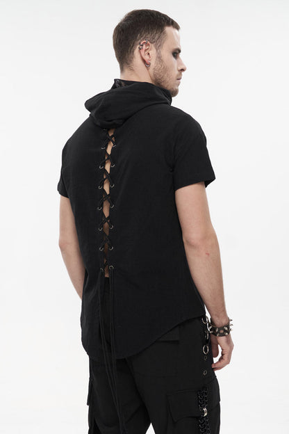 Black Hooded Mesh Splice Zipper Back Openwork Lace-up Short Sleeve Punk T-shirt