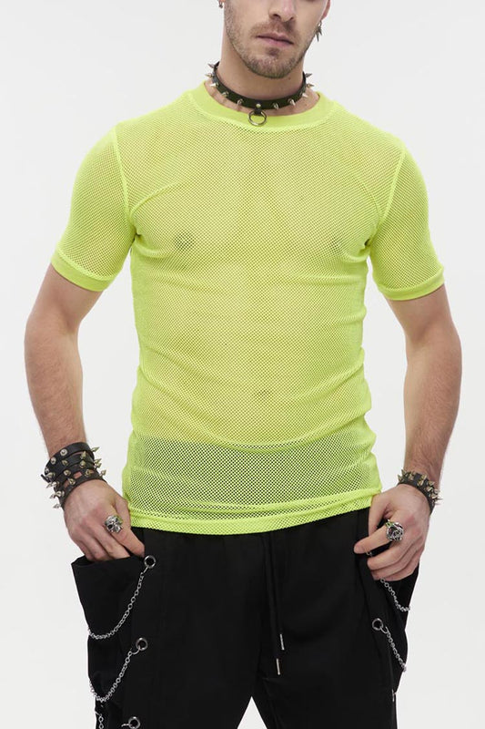 Yellow Gothic Crew Neck Diamond-shaped Net Hyperelastic Short Sleeve T-shirt