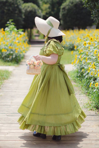Green [forest Gallery] Square Collar Short Sleeves Ruffled Bow Classic Lolita Dress