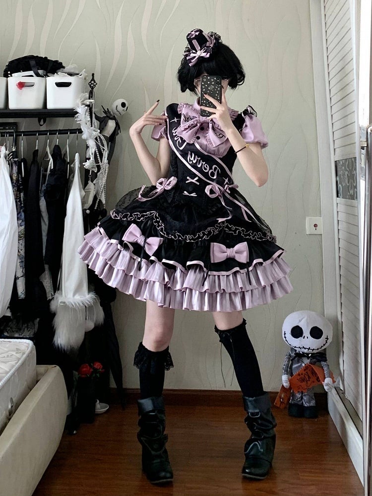 [order Deadline: May 12] Black Purple Lolita Idol Ribbon Puff Sleeve Shirt + Corset Tulle Pull-up Jks Dress Set