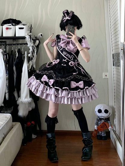 [order Deadline: May 12] Black Purple Lolita Idol Ribbon Puff Sleeve Shirt + Corset Tulle Pull-up Jks Dress Set