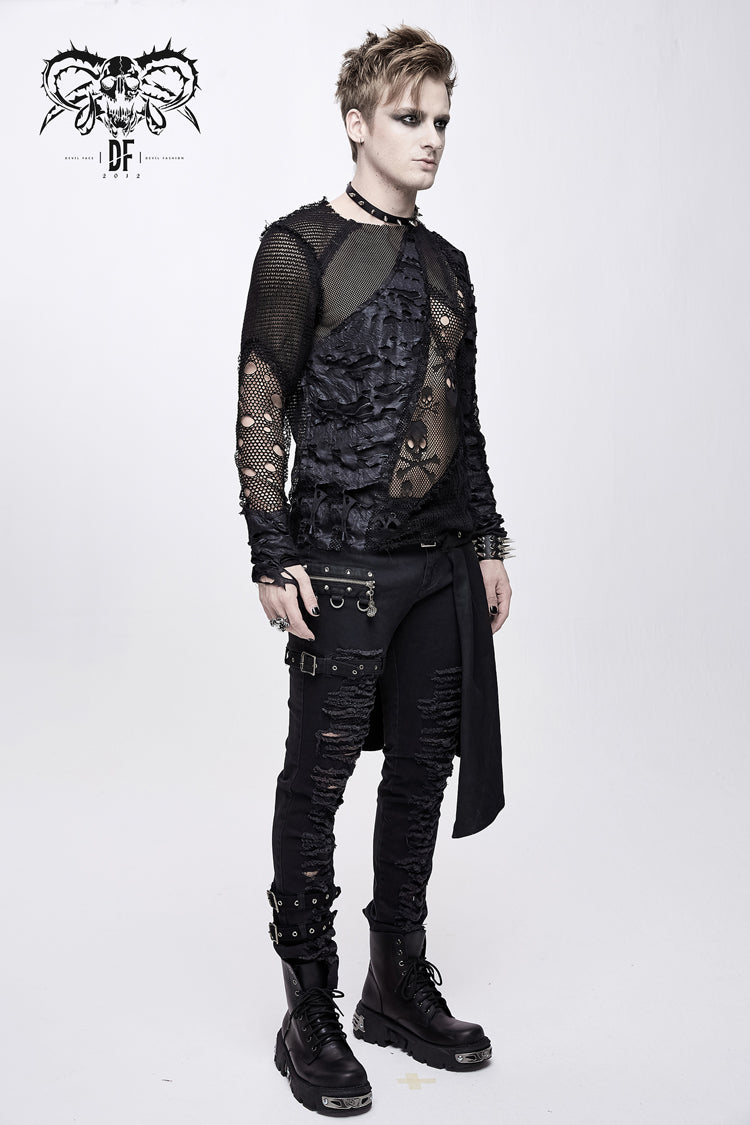Black a Variety of Mesh Materials Stitching Unedged Broken Holes Round Collar Punk T-shirt