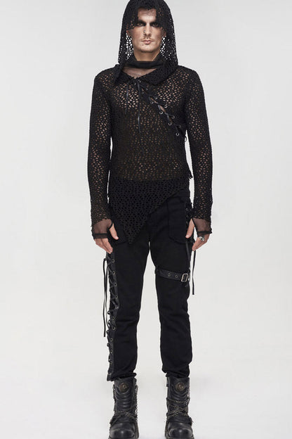 Black Punk Long Sleeve Elasticity Big Hole Mesh Drawstring Design Irregular Hooded Shirt