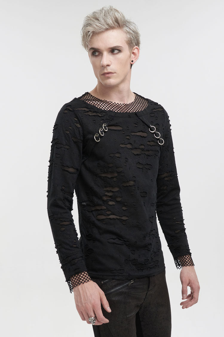 Black Diamond Mesh Irregular Hole Long-sleeved Punk T-shirt