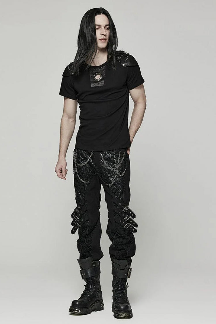 Black Short Sleeves Detachable Shoulder Pad Hollow Steampunk T-shirt