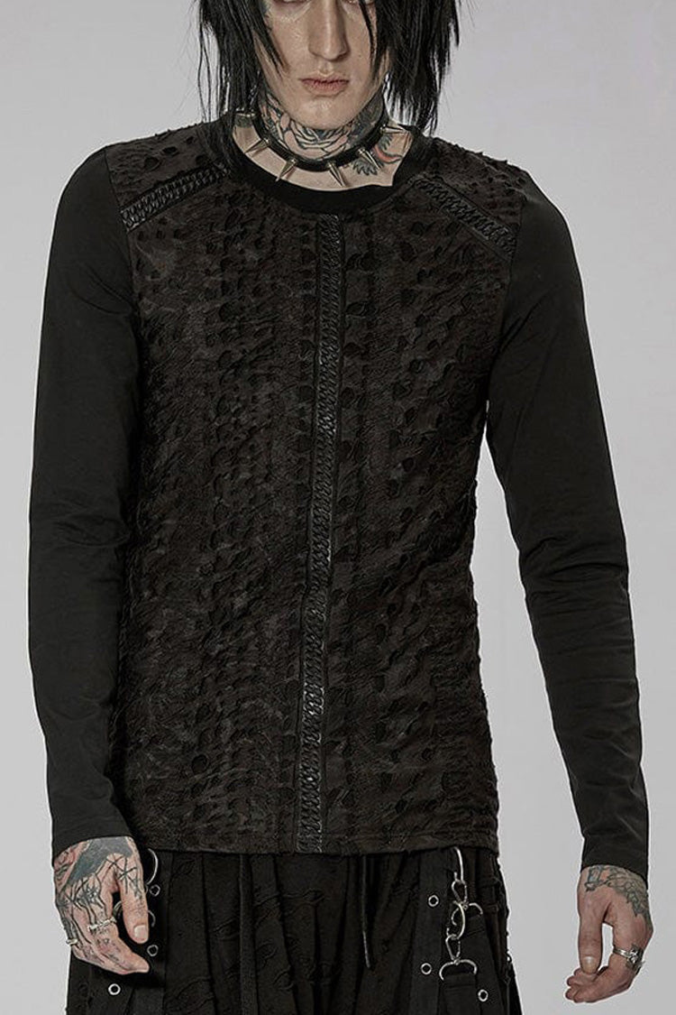 Black Punk Knitted Print Splicing Concave and Convex Webbing Decoration Long Sleeve T-shirt