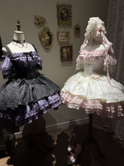 [pre-order Deadline: April 28] Pink X White Gothic Lolita Corset Layered Jsk Dress + Off-shoulder Lace Puff Top