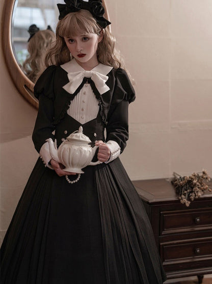 Lantern Sleeve Ruffle Short Jacket With Ribbon + Back Ribbon Suspender Dress