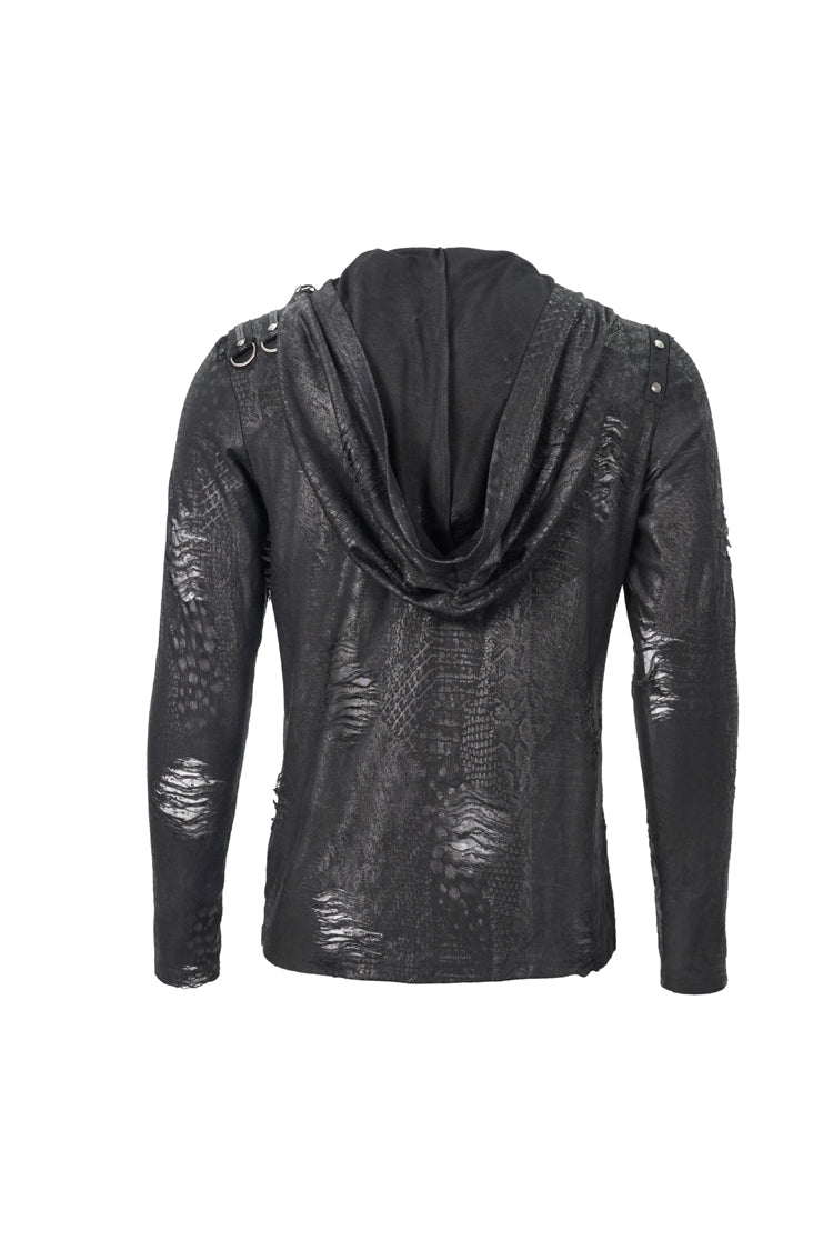 Black Broken Holes Knit Shoulder Lace-up Irregular Hem Hooded Punk T-shirt