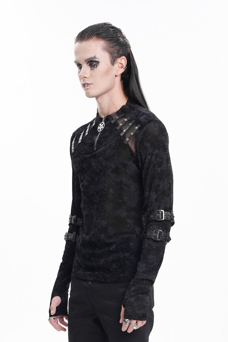 Black Round Collar Long Sleeves Buckle Star Studs Gothic T-shirt
