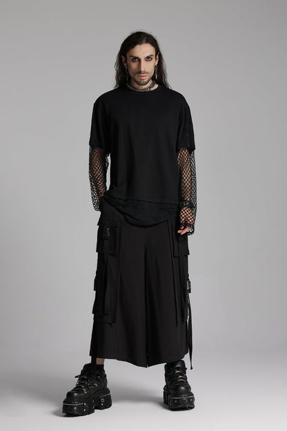 Black Round Collar Long Sleeves Mesh Ripped Punk T-shirt