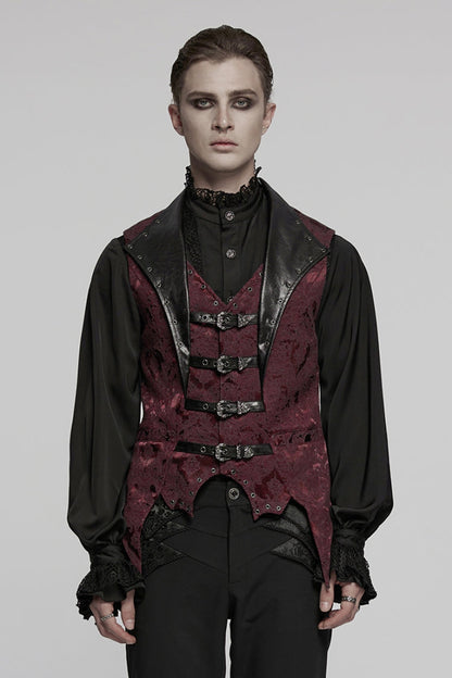 Black/red Lapel V-neck Sleeveless Jacquard Buckle Gothic Vest