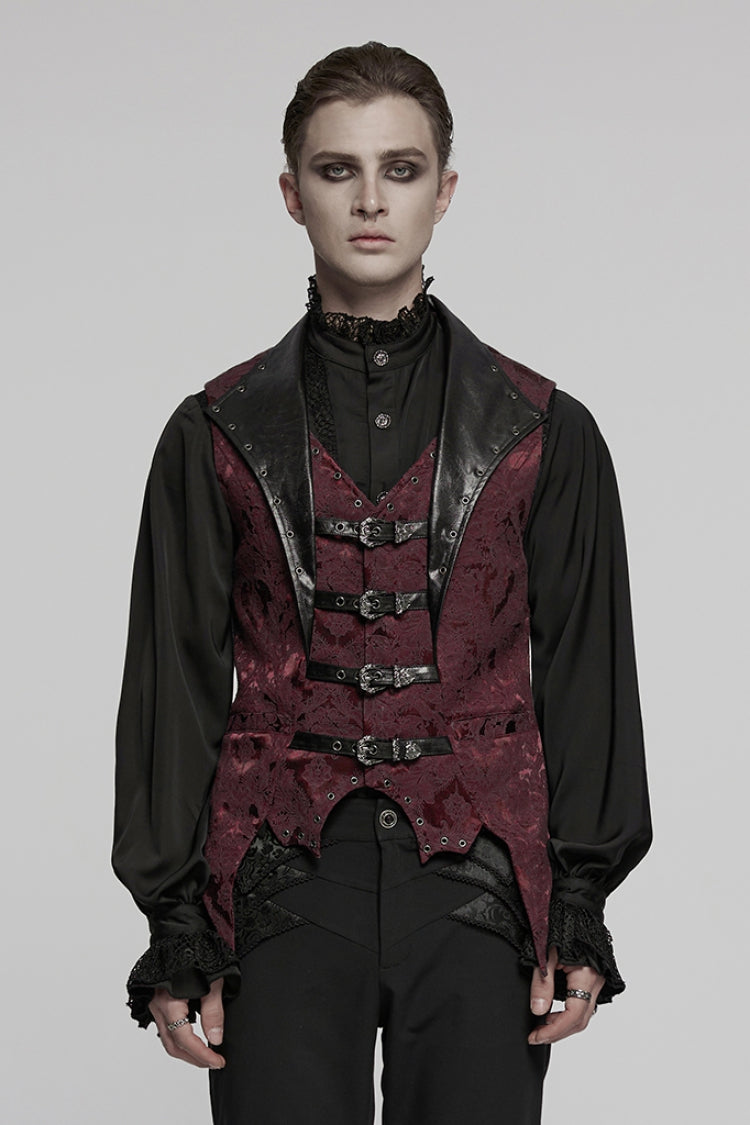 Black/red Lapel V-neck Sleeveless Jacquard Buckle Gothic Vest