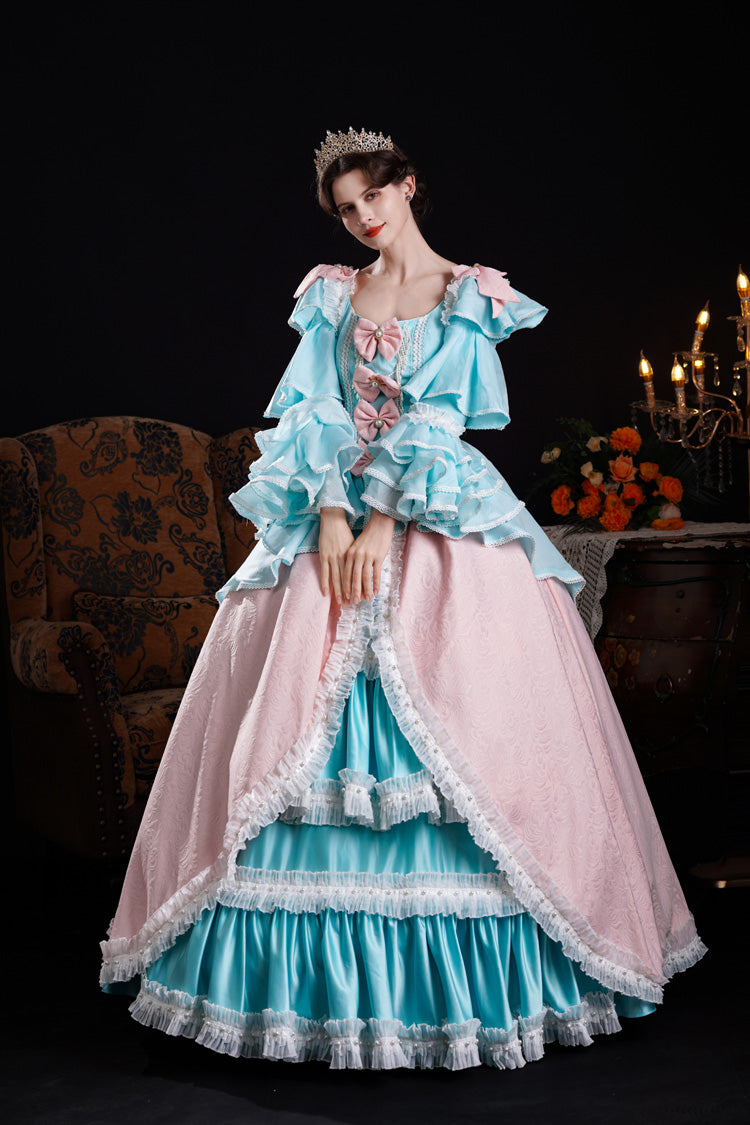 Blue/pink Square Collar Long Trumpet Sleeves Triple-layered Ruffled Open-front Bow Classic Palace Lolita Victorian Dress