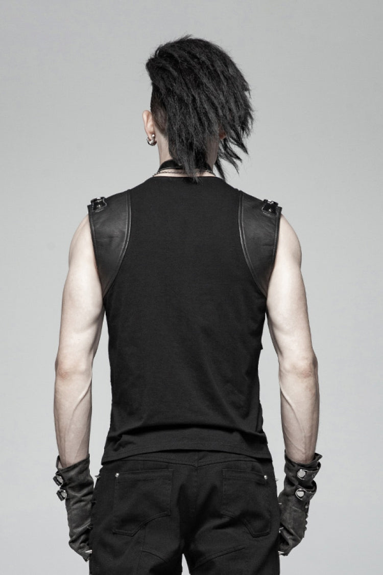 Black Sleeveless Metal Buckles Hollow Faux Leather Steampunk Vest
