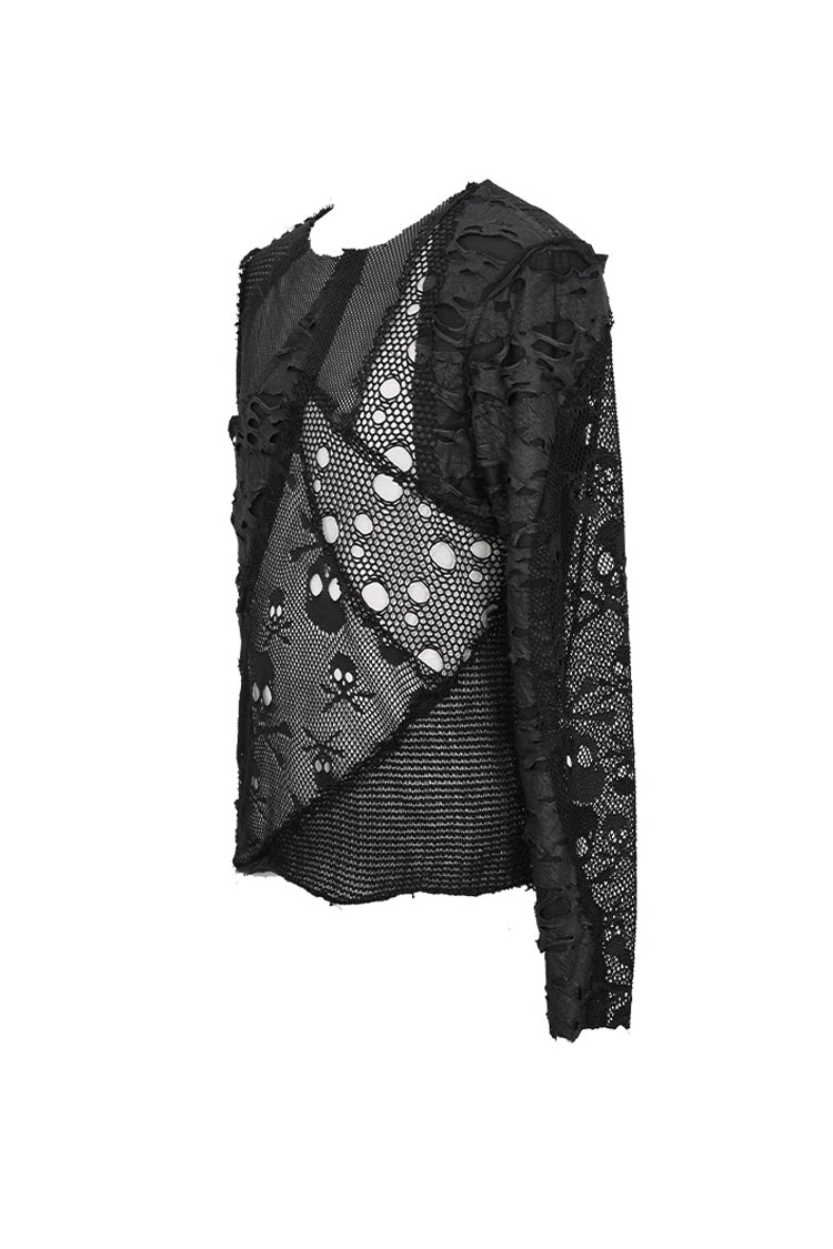Black a Variety of Mesh Materials Stitching Unedged Broken Holes Round Collar Punk T-shirt