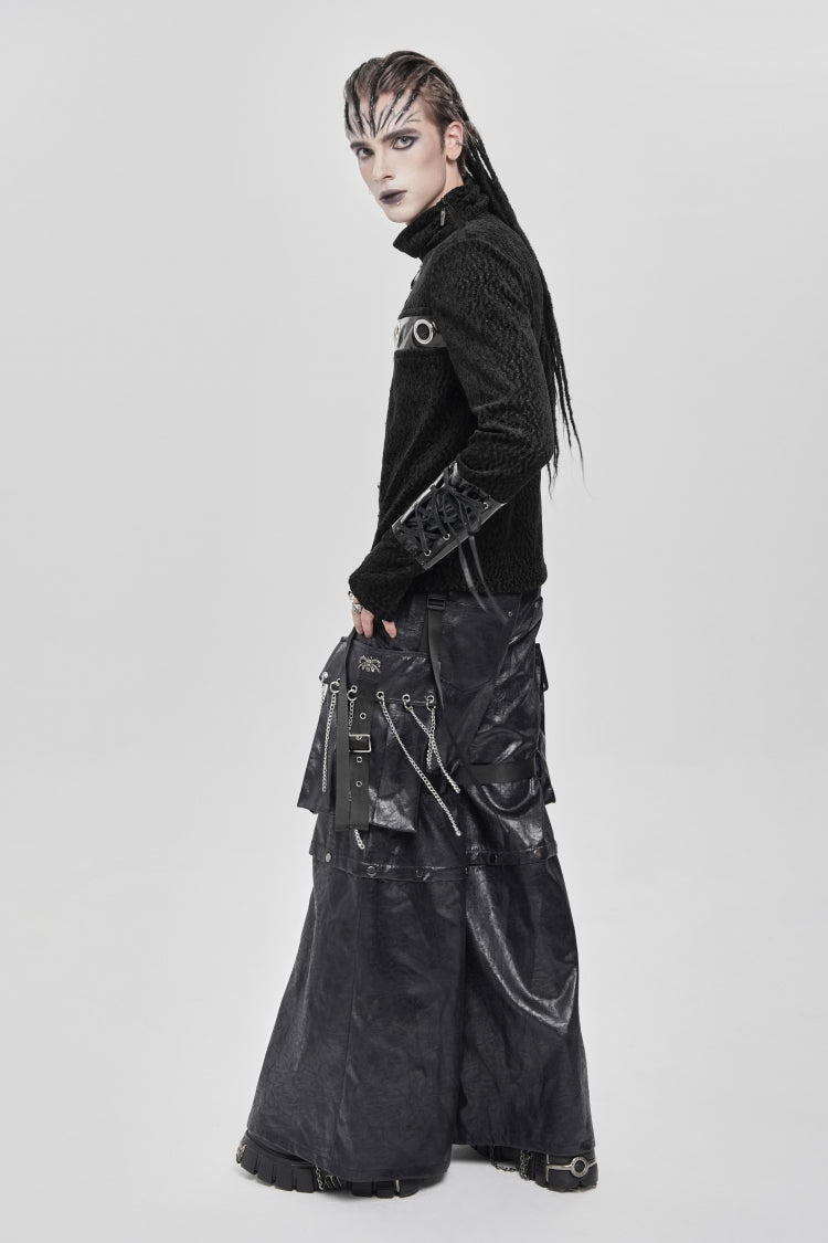 Black Stand Collar Long Sleeves Faux Leather Stitching Chain Eyelet Punk Blouse