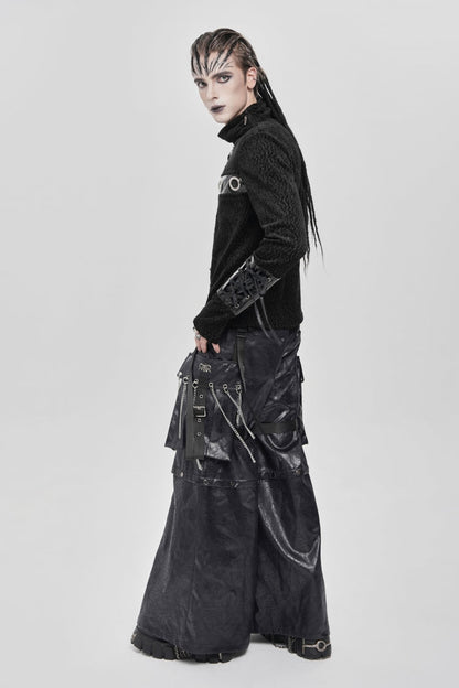 Black Stand Collar Long Sleeves Faux Leather Stitching Chain Eyelet Punk Blouse