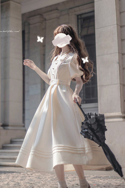 Apricot [random Thoughts] Square Collar Short Sleeves Ruffle Classic Lolita Dress