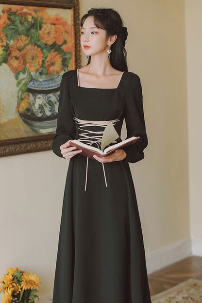 Black European Manor Square Collar Long Sleeves High Waisted Classic Lolita Op Dress