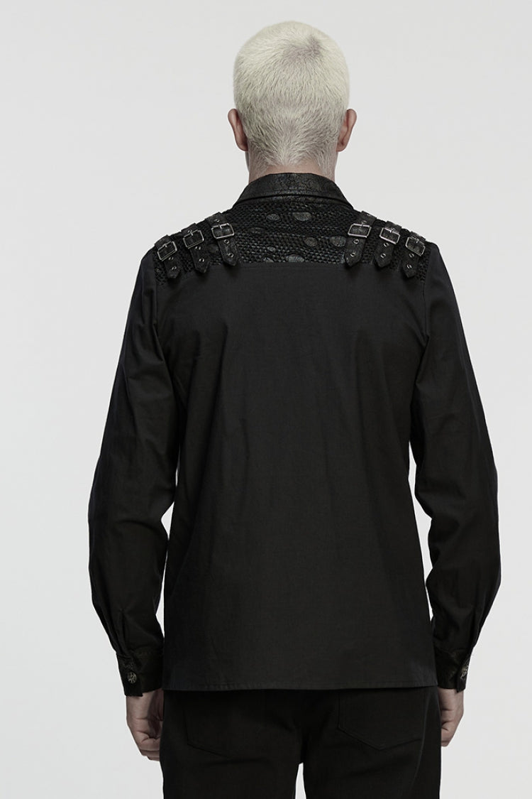Black Lapel Collar Long Sleeves Stitching Buckle Straps Punk Blouse