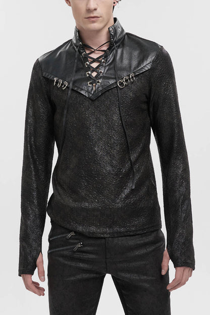 Black Stand Collar Long Sleeves Faux Leather Splice Gothic Shirt