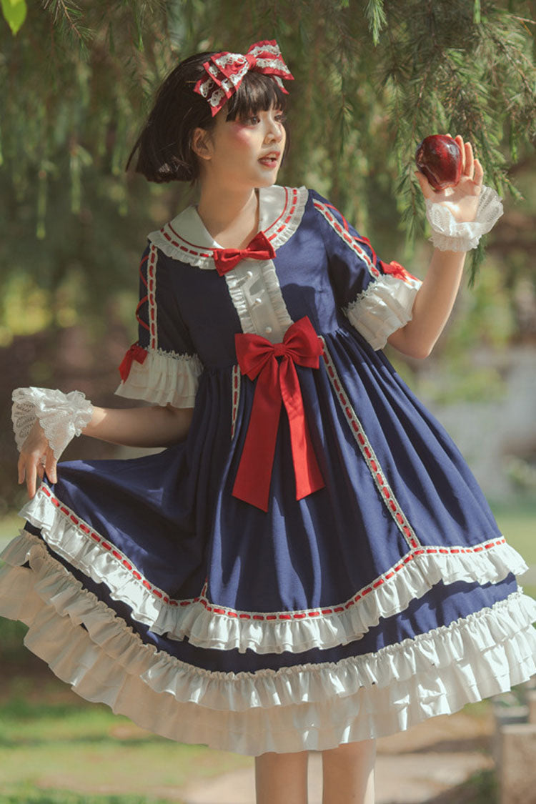 Dark Blue Short Sleeves Hime Sleeves Bowknot Multi-layer Classic Lolita Jsk Dress
