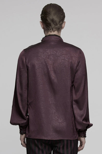 Red Stand Collar Long Sleeves Ruffle Embroidery Lace-up Plunging Rose Gothic Blouse