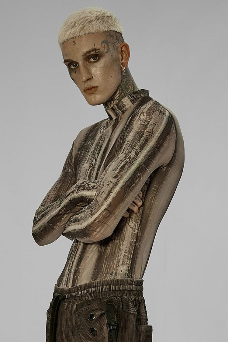 Black/yellow Punk High Collar Technology Sense Printing Elasticity Tight Long Sleeves Shirt