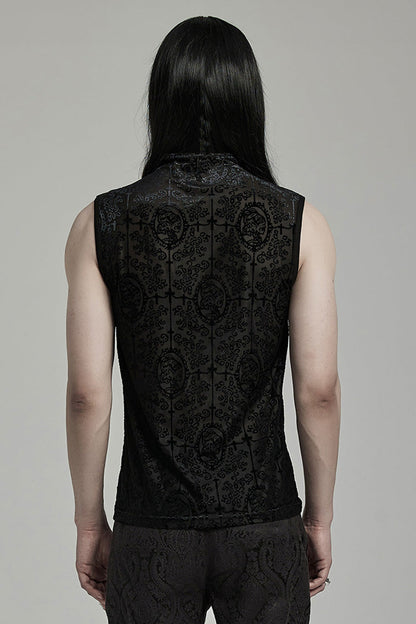 Black Sleeveless Beaded Cross Flocking Print Gothic Tank Top