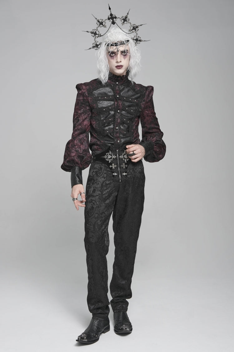 Black/red Stand Collar Long Lantern Sleeves Print Embroidery Gothic Blouse