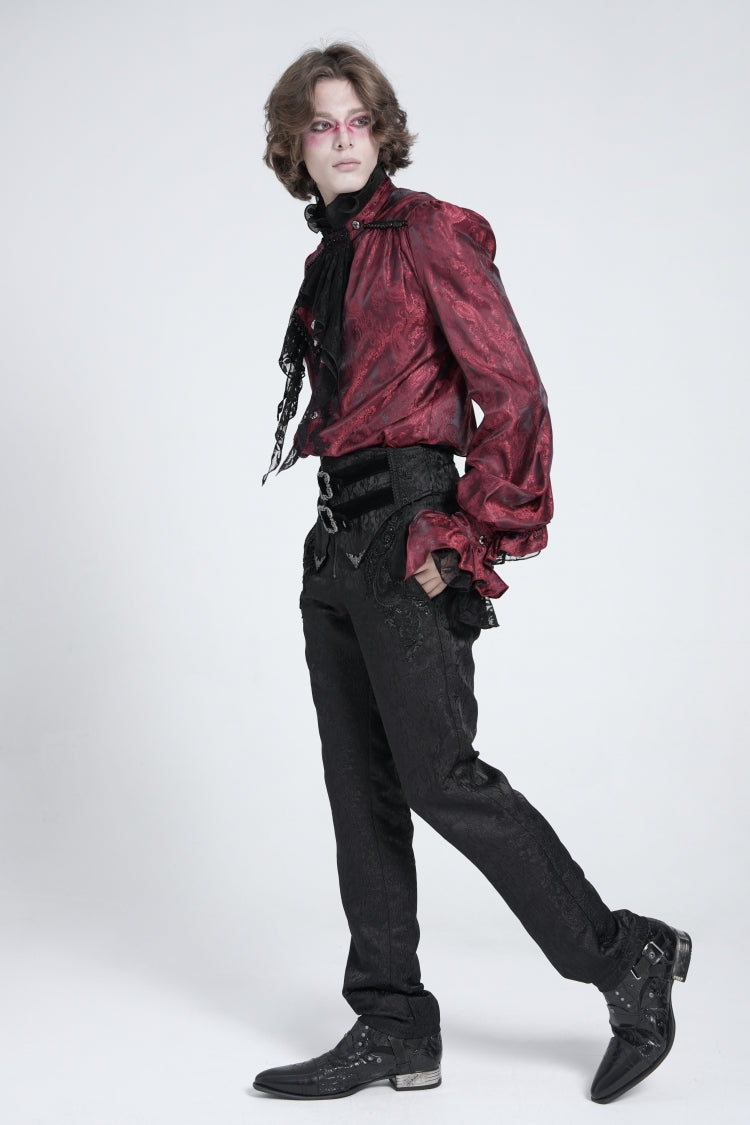 Red Long Puff Sleeves Gothic Blouse With Lace Necktie