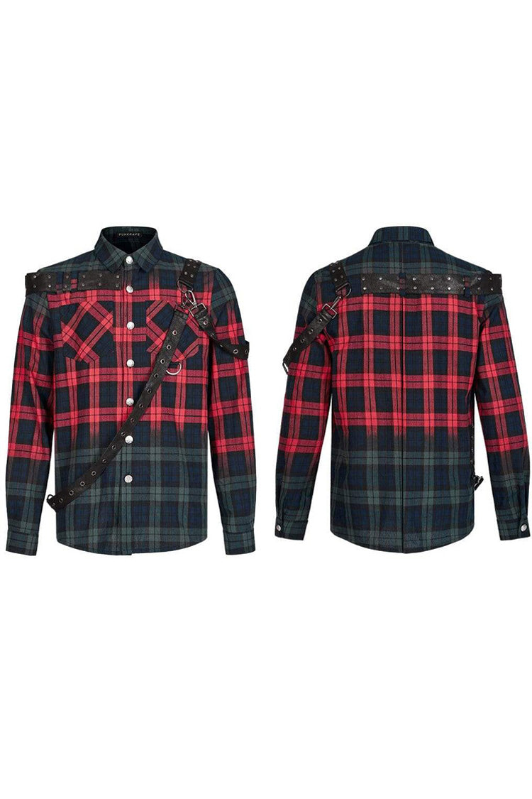 Red/green Punk Plaid Simple Leather Loops Cotton Asticity Shirt