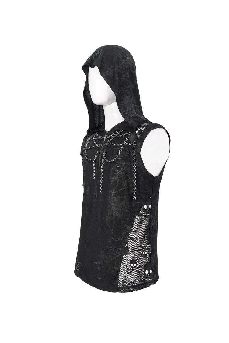 Black Skull Hollowed Out Print Stitched Sleeveless Chain Hoodie Punk Shirt