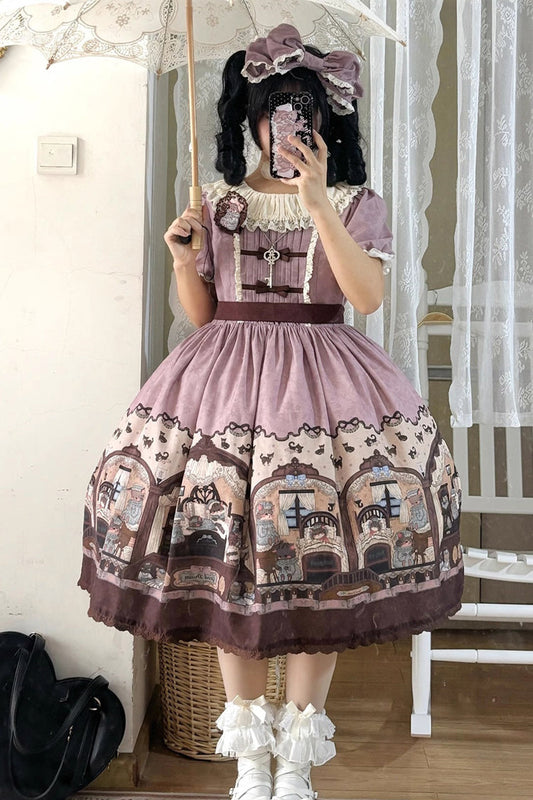 Pink/purple Short Sleeves Bear Print Bowknot Classic Lolita Dress