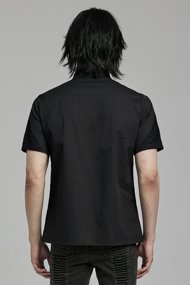 Black Lapel Collar Short Sleeves Mesh Stitching Punk Blouse