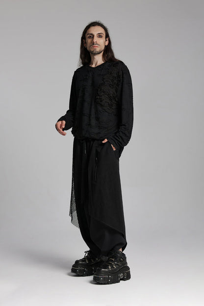 Black Round Collar Long Sleeves Ripped Mesh Punk T-shirt