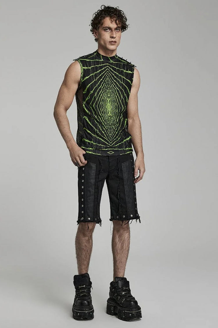 Halo Print Sleeveless Stitching Mesh Rivets Steampunk T-shirt 2 Colors