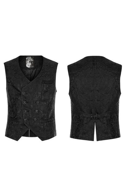 Black Punk V Neck Asymmetrical Relief Sculpture Jacquard Double Row Hand Seam Button Vest