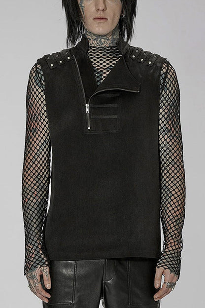 Black Punk Stand Collar Anterior Middle Asymmetry Design Zipper Shoulder Decorate Webbing Vest